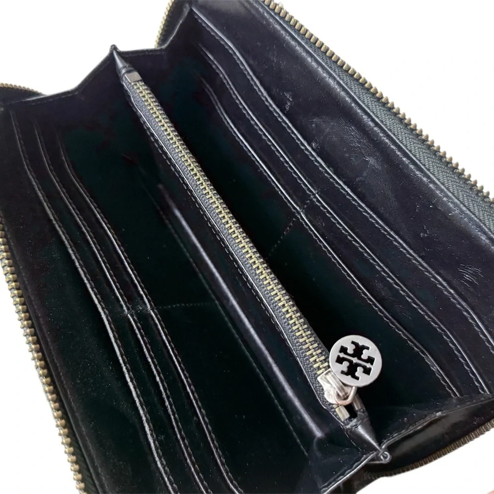 Tory Burch Black Textured Zip-Around Wallet with Silver Logo
